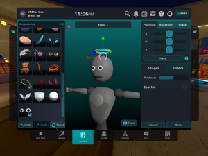 A photo of the Looks Editor with the default robot wearing Googly Eyes & a Halo.